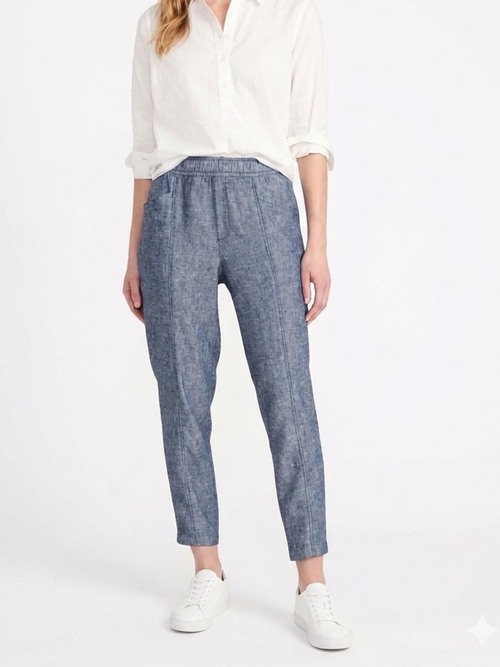 Old Navy Women’s Pants Tapered Ankle Length Blue Chambray Linen Size Large